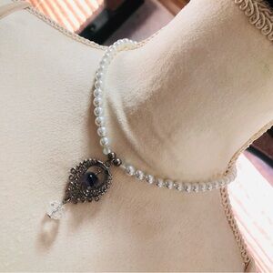 Handcrafted repurpose filigree beaded pendant Czech glass Pearl necklace